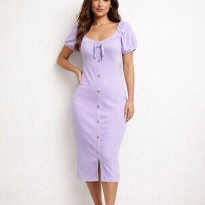 No Boundaries XL Lavender Bodycon Midi Dress Puff Sleeve Coquette Rib Knit